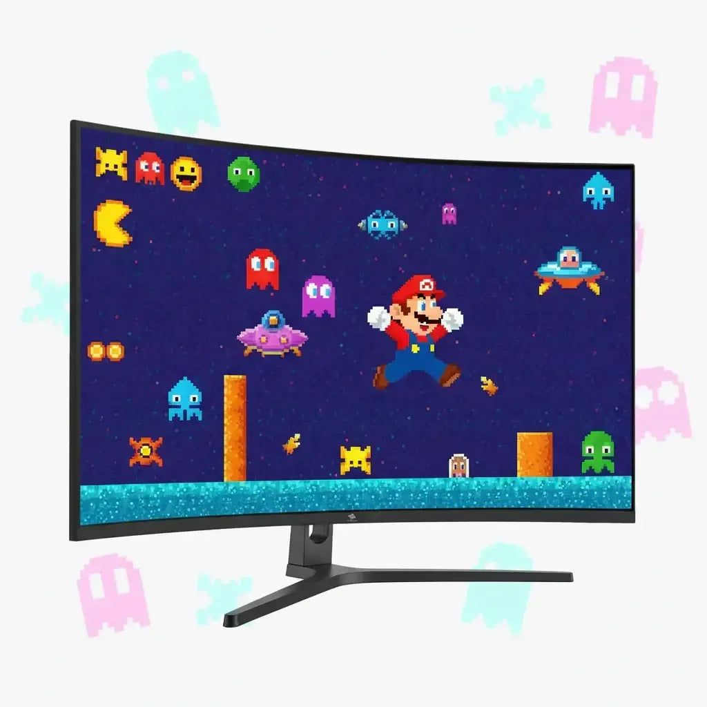 Curved gaming monitor displaying retro pixel art video game characters including Mario and Pac-Man ghosts on a starry background