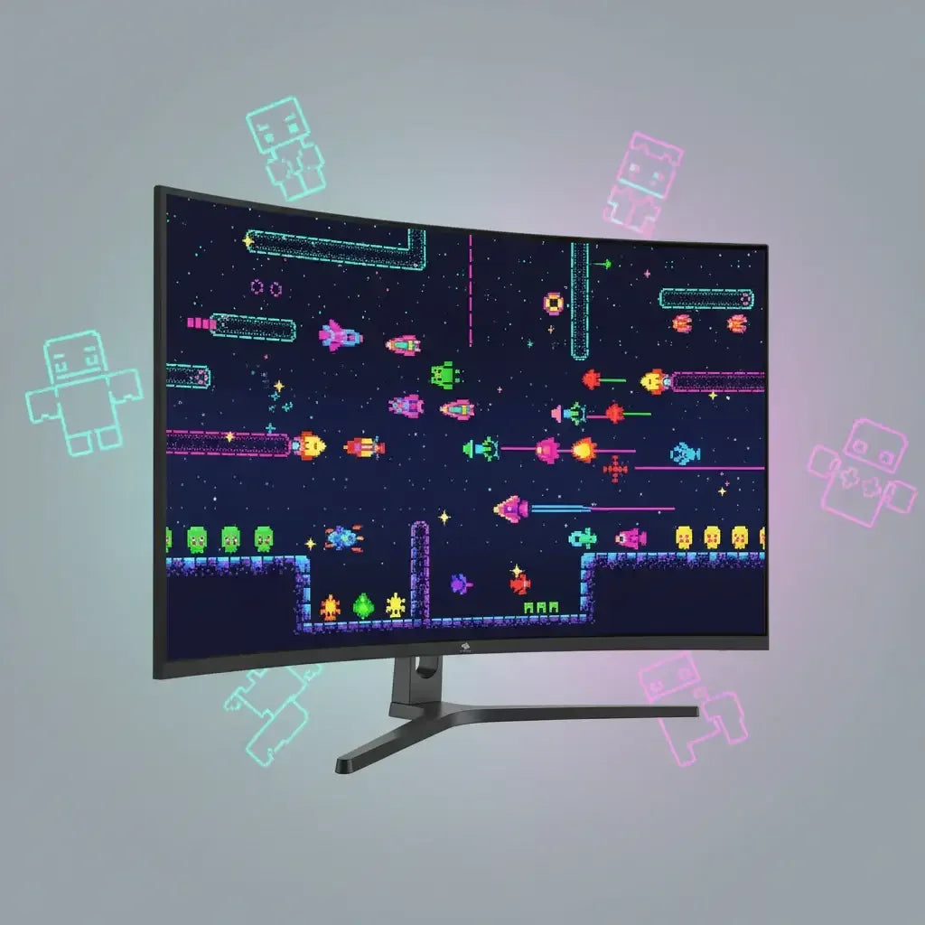 Curved gaming monitor displaying retro pixel art space shooter game with colorful ships and neon characters
