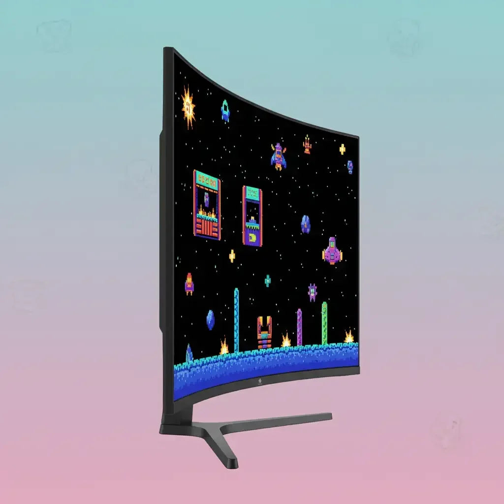 Curved gaming monitor displaying colorful retro pixel art space game on gradient background