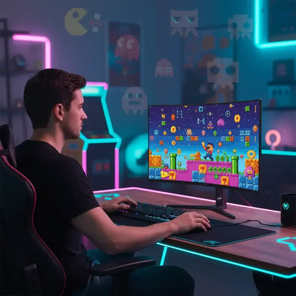 Gamer in black shirt playing pixel-art style retro video game on curved monitor in neon-lit gaming room