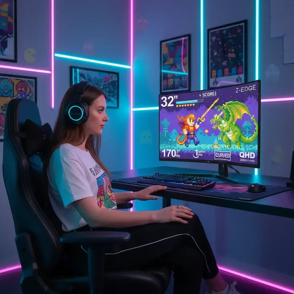 Woman gaming in RGB-lit room with headset, sitting in ergonomic chair, playing pixel art game on 32-inch curved QHD monitor