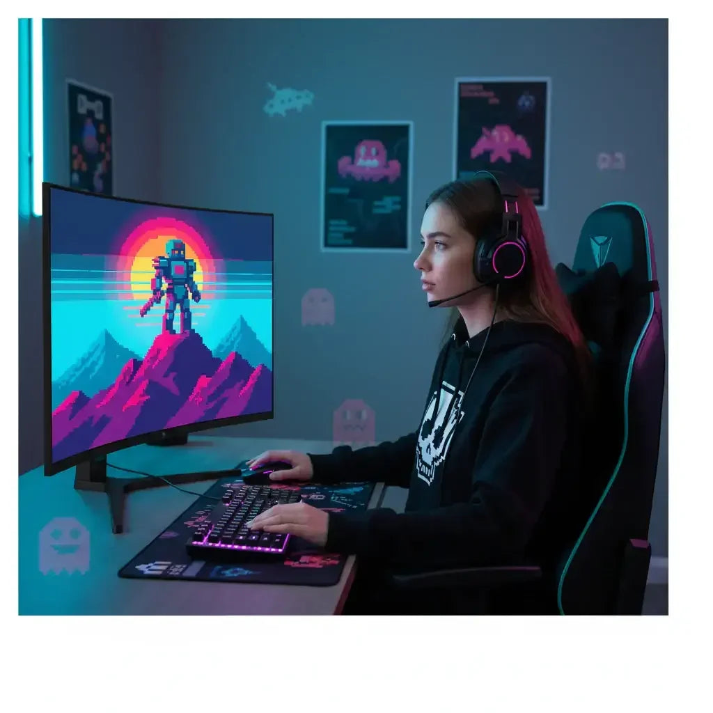 Gamer woman wearing RGB headset playing retro pixel art game on curved monitor with customizable RGB keyboard