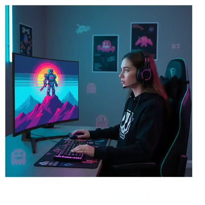 Gamer woman wearing RGB headset playing retro pixel art game on curved monitor with customizable RGB keyboard
