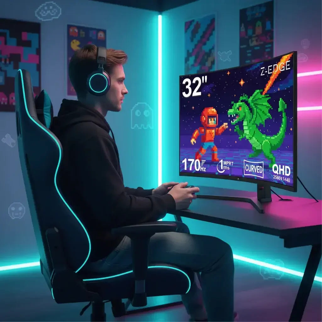 Gamer wearing RGB headphones in LED-lit chair playing retro pixel art game on 32-inch curved QHD monitor