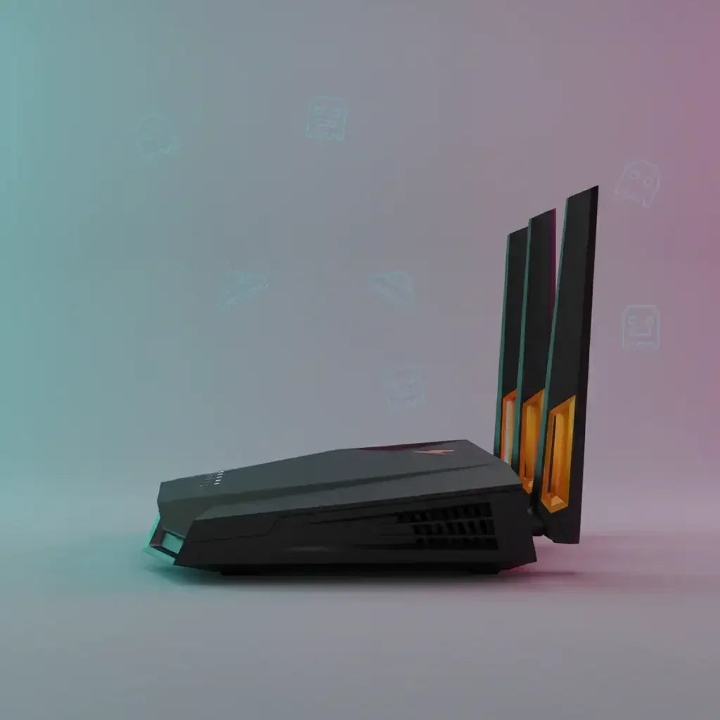 Gaming WiFi router with three antennas on a gradient background