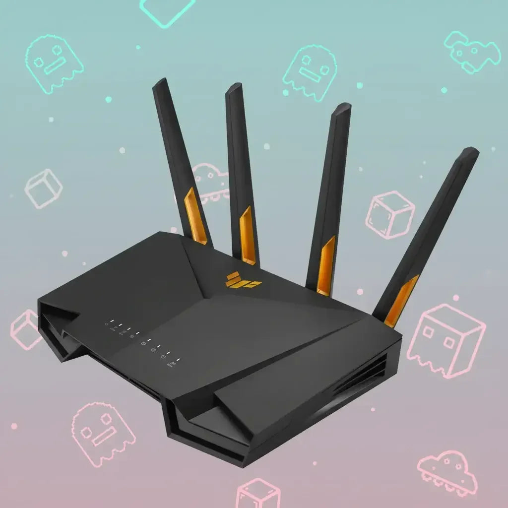 Black gaming WiFi router with four antennas on a pastel background with game icons