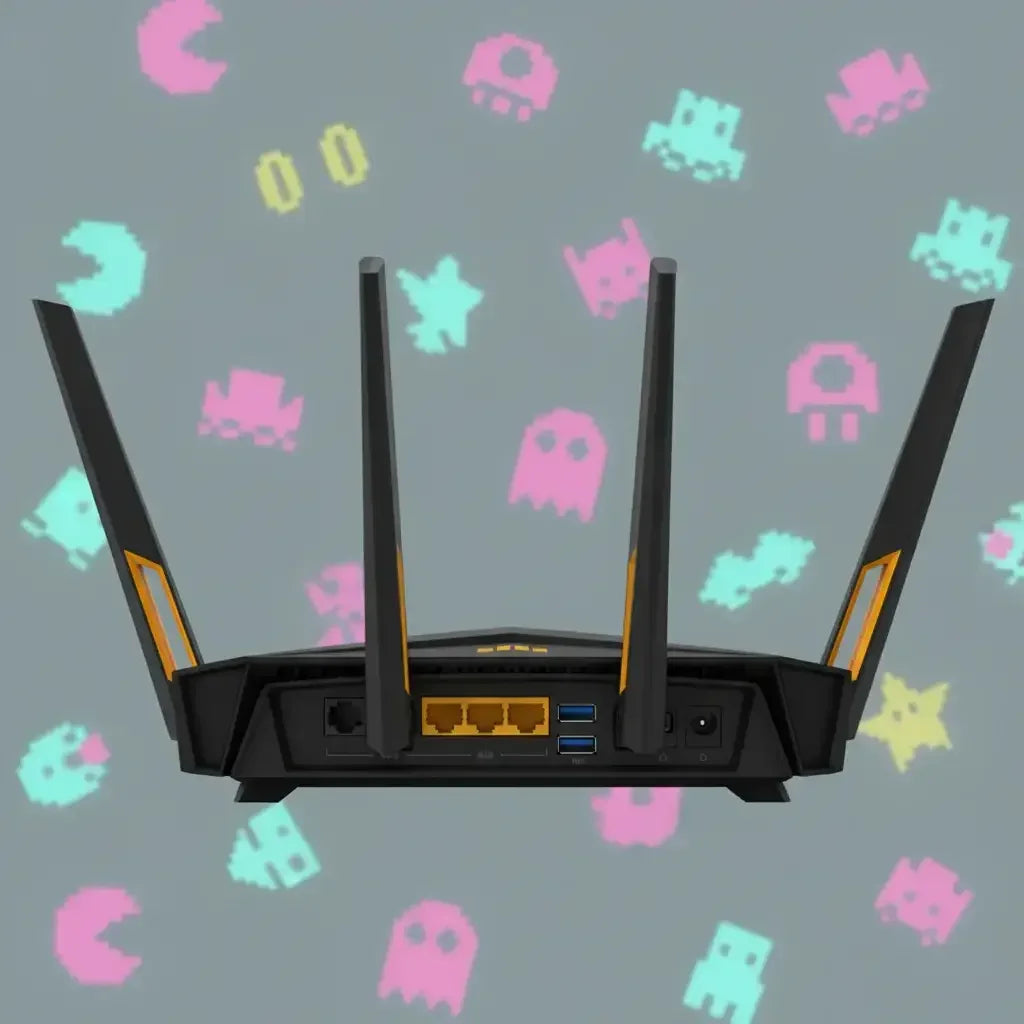 WiFi gaming router with four antennas on a retro gaming background with pixel icons