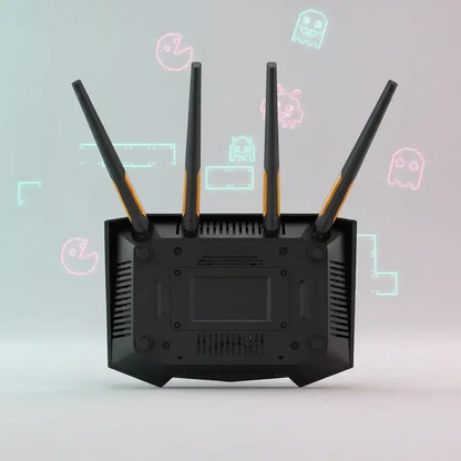 Gaming WiFi router with four antennas and retro video game icons in the background