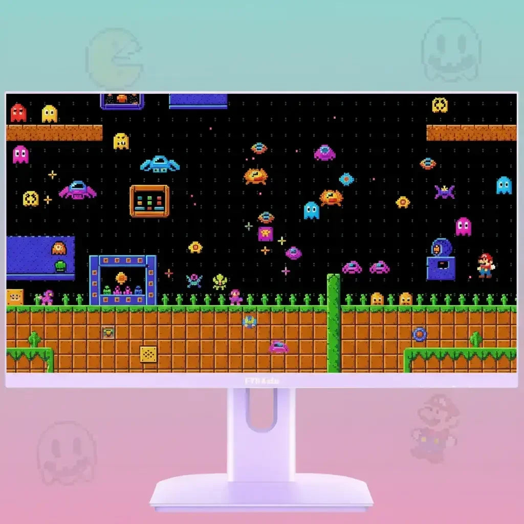 Monitor displaying retro pixel art video game with Pac-Man and Mario elements