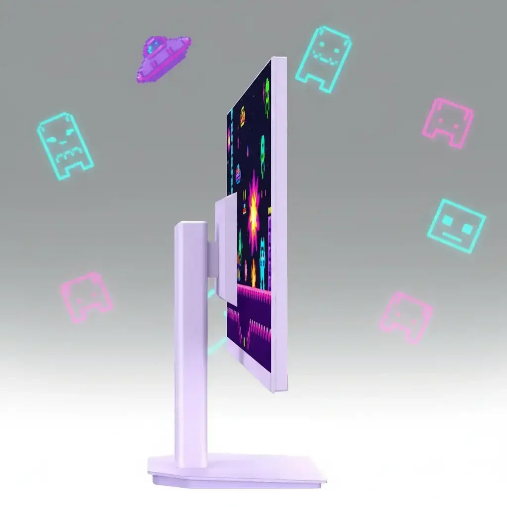 Slim white gaming monitor side view with neon pixel art aliens and UFO on grey background