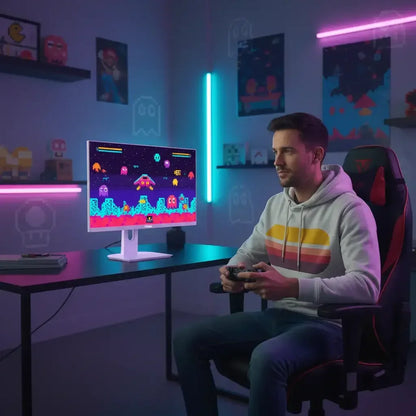 Man gaming at modern setup with neon lights and retro arcade game on monitor