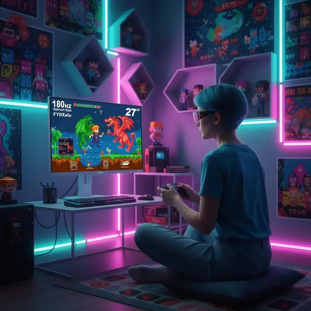 Person gaming in a neon-lit room with retro posters, playing pixel art video game on a 27'' monitor