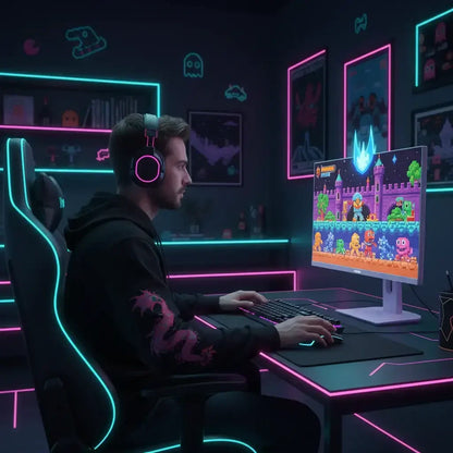 Gamer with headphones at neon-lit gaming setup playing retro pixel art video game