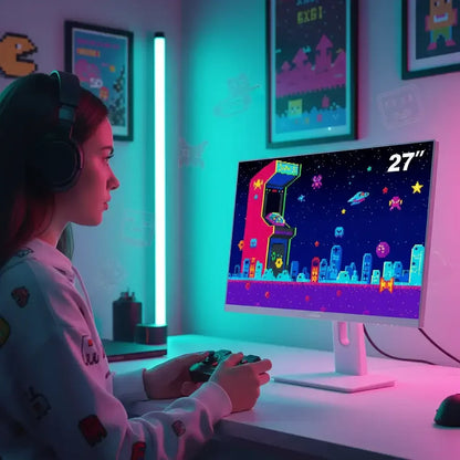 Woman gaming on a 27-inch monitor in neon-lit room with retro video game decor.
