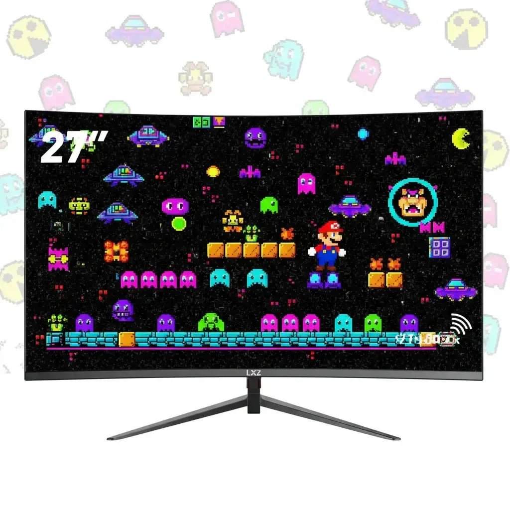 27-inch curved gaming monitor displaying retro pixel art game with Mario and colorful aliens