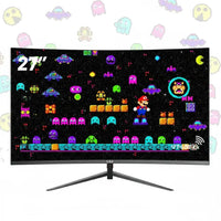 27-inch curved gaming monitor displaying retro pixel art game with Mario and colorful aliens