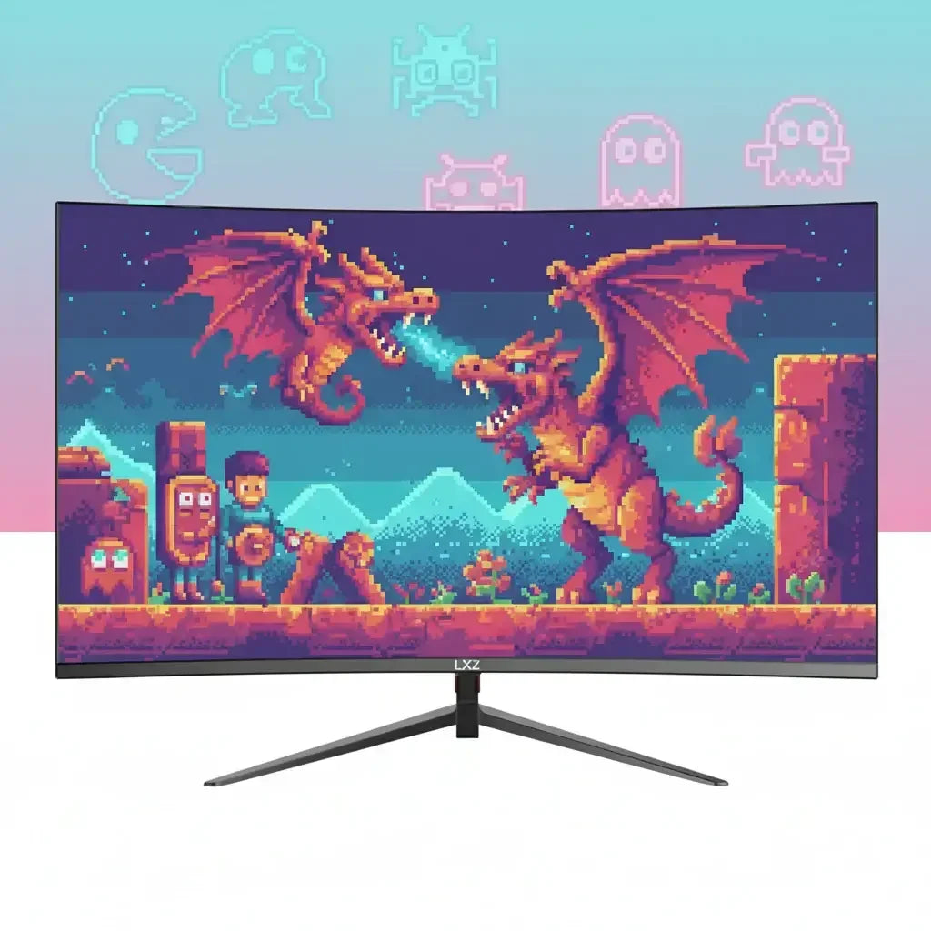 Curved gaming monitor displaying pixel art battle between two fire-breathing dragons with retro video game characters