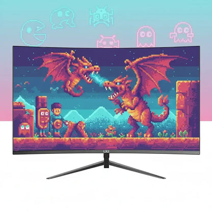Curved gaming monitor displaying pixel art battle between two fire-breathing dragons with retro video game characters