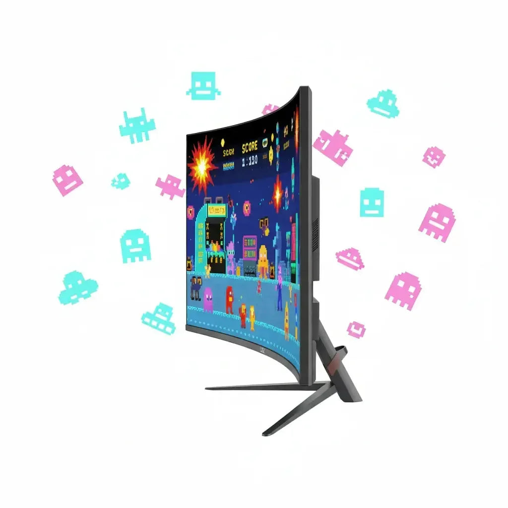 Curved gaming monitor displaying colorful retro arcade game with pixelated characters