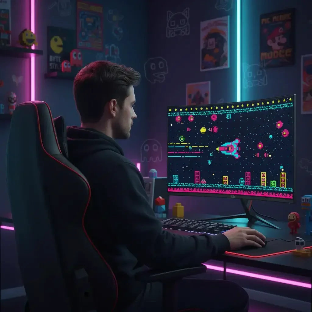 Young man playing retro pixel spaceship game on curved monitor in colorful gaming room