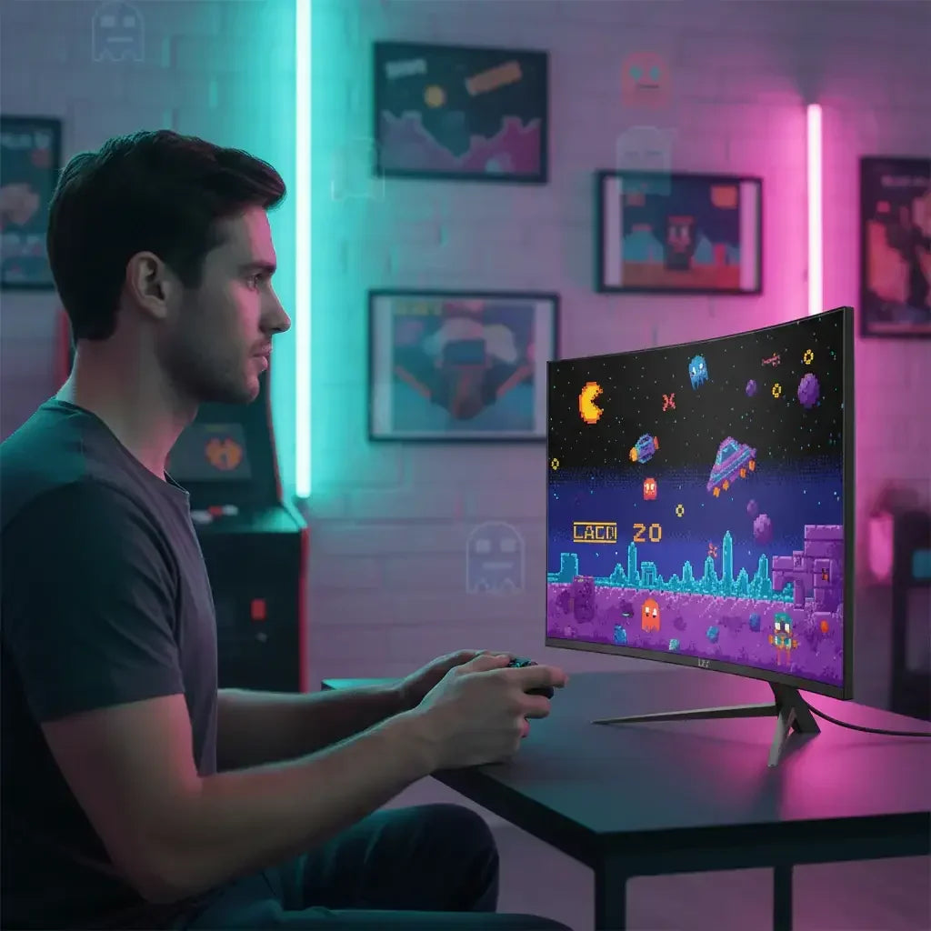 Man playing retro pixel art space video game on curved gaming monitor in neon-lit room