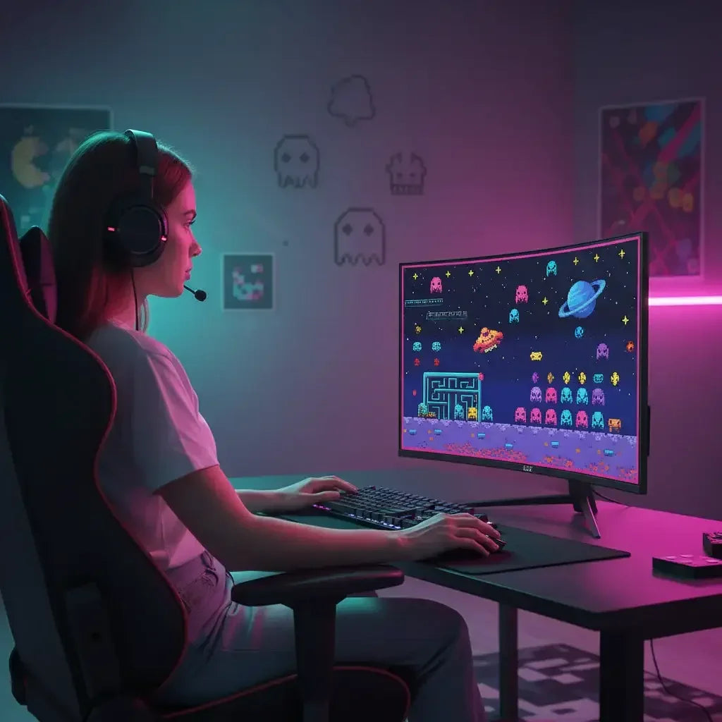 Gamer woman with headset playing pixel art space shooter game on curved monitor in neon-lit room