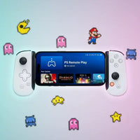 Mobile gaming controller with smartphone showing PS Remote Play, Pac-Man and Mario background