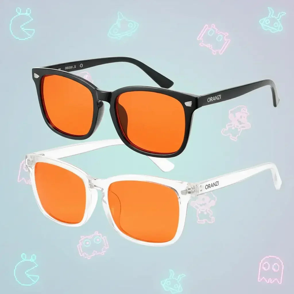 Oranzi blue light blocking glasses with orange lenses in black and clear frames, retro gaming background