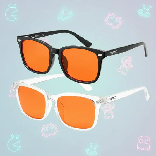 Oranzi blue light blocking glasses with orange lenses in black and clear frames, retro gaming background