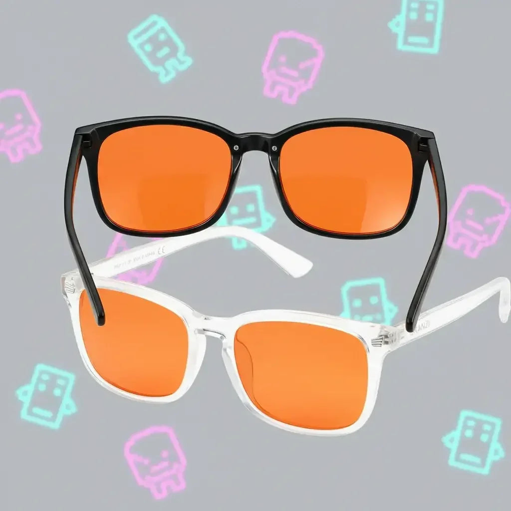 Black and clear blue light blocking glasses with orange lenses on a gray background with neon icons