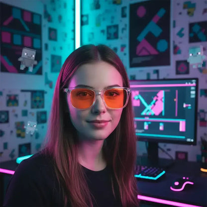 Gamer woman with orange glasses at neon-lit desk, colorful gaming PC setup, pixel art decor