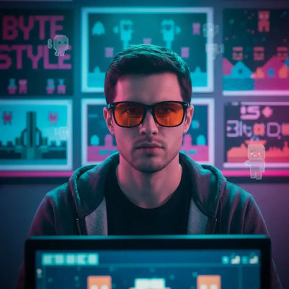 Gamer with orange glasses at computer, neon retro arcade background, pixel art screens