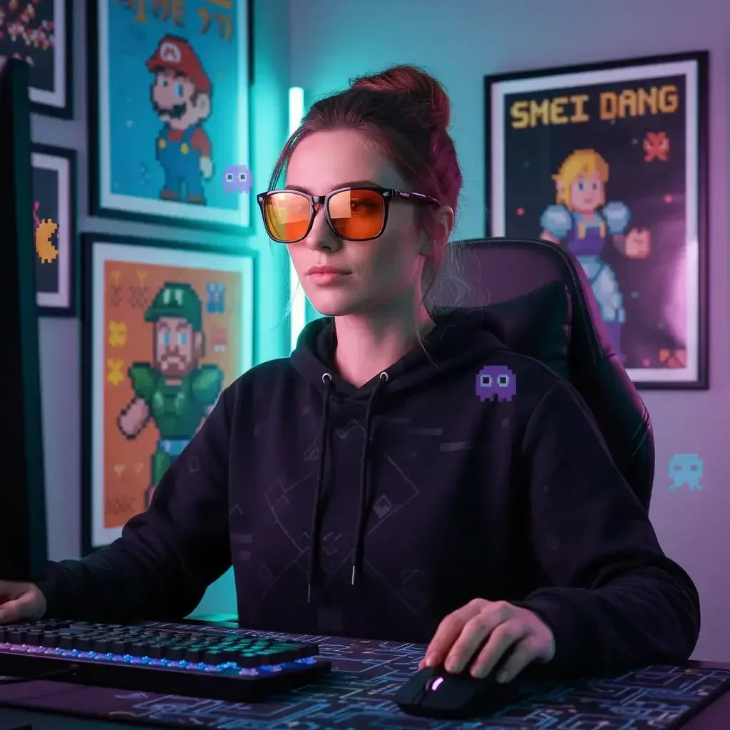 Woman gamer with sunglasses at RGB-lit desk, retro video game posters in background