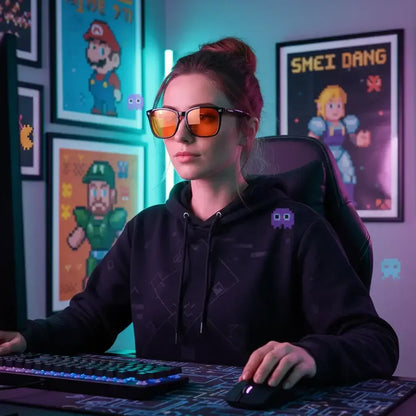 Woman gamer with sunglasses at RGB-lit desk, retro video game posters in background