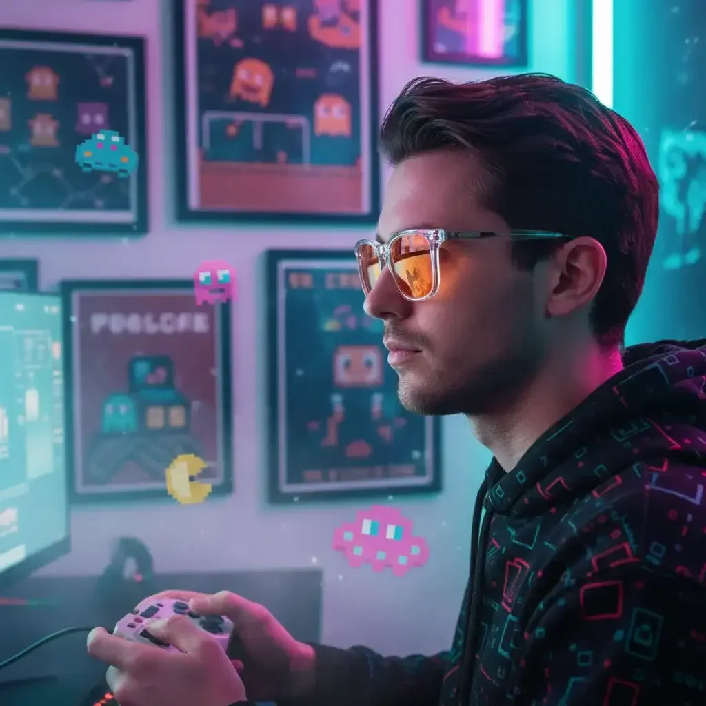 Gamer with retro sunglasses playing video game in neon-lit room with Pac-Man decor