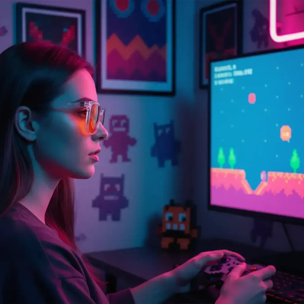 Woman wearing gaming glasses playing retro video game in neon-lit room with pixel art decor