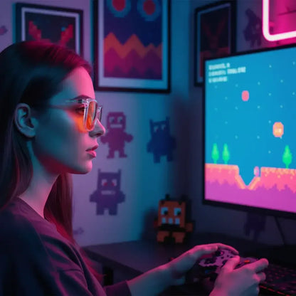 Woman wearing gaming glasses playing retro video game in neon-lit room with pixel art decor