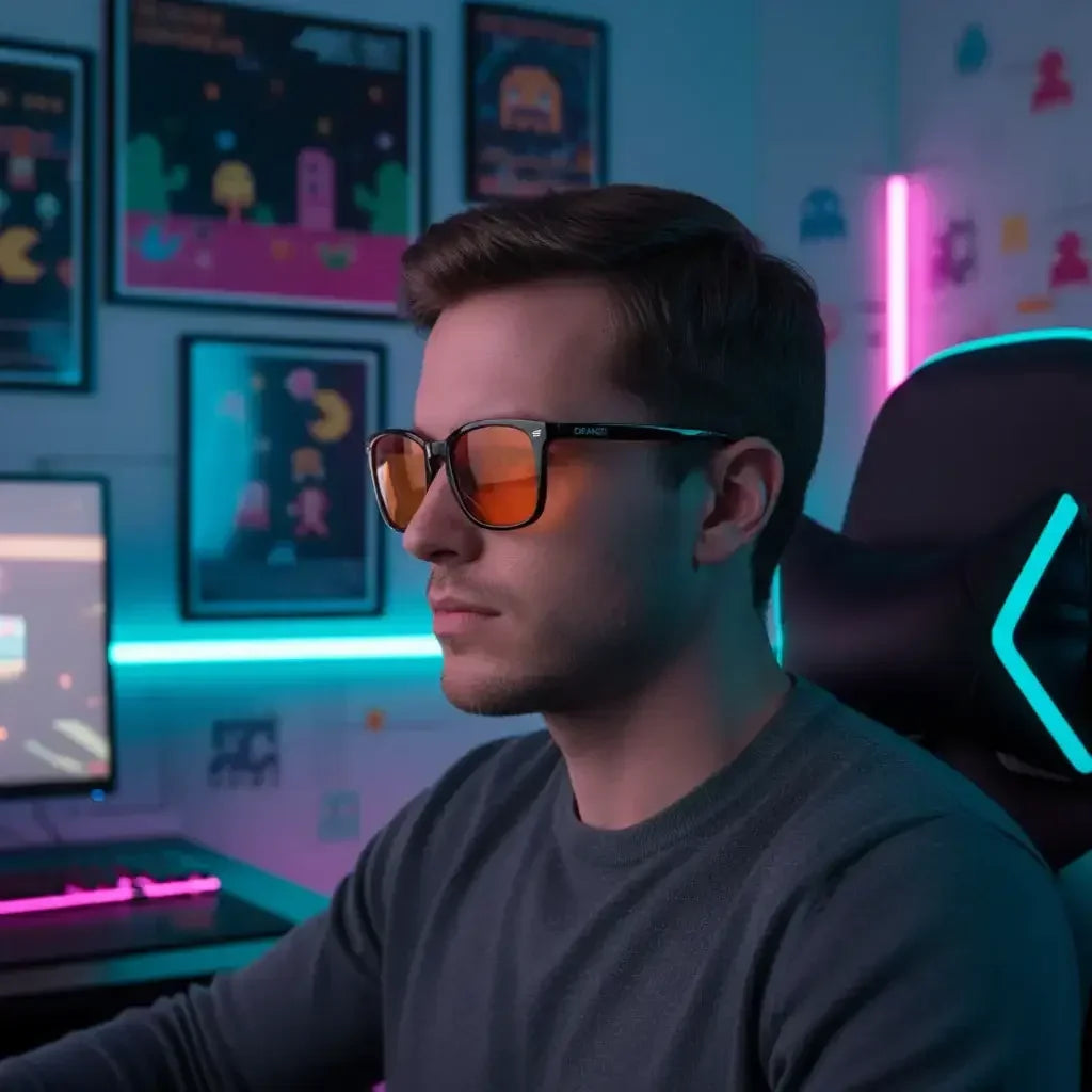 Man in gaming room wearing blue light blocking glasses at neon-lit computer setup