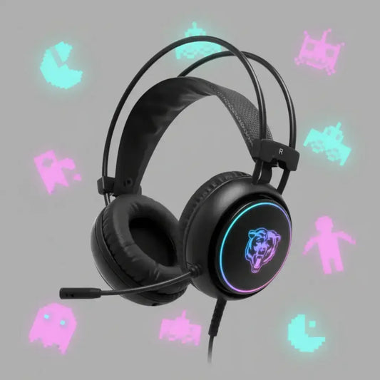 Black gaming headset with RGB lighting and bear logo, surrounded by retro pixelated game characters