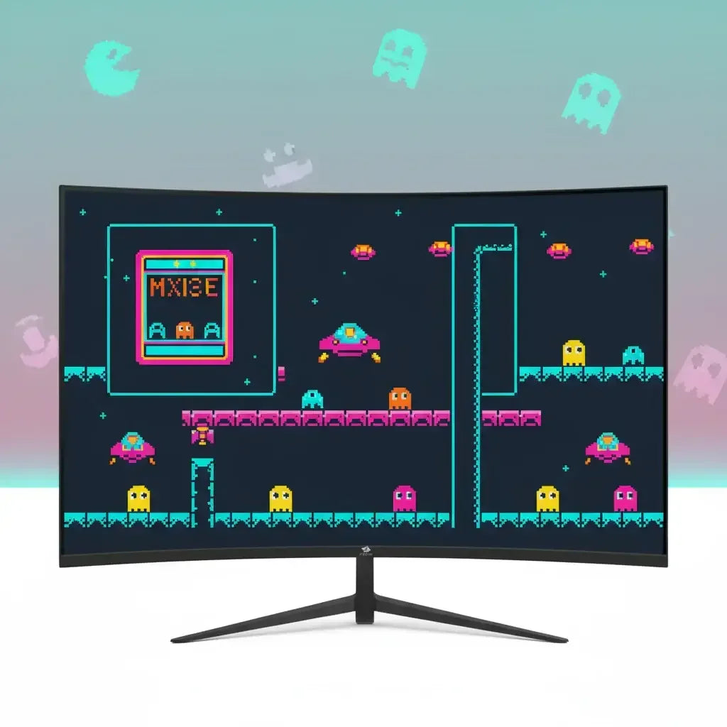 Curved gaming monitor displaying colorful retro 8-bit style pixel art game with ghosts and spaceships