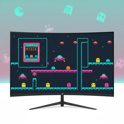 Curved gaming monitor displaying colorful retro 8-bit style pixel art game with ghosts and spaceships
