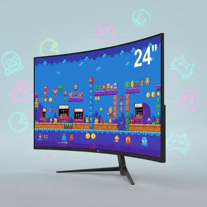 24-inch curved gaming monitor displaying pixel art retro game with arcade icons and coins