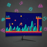 Curved monitor displaying colorful retro pixel art platformer game with a jumping character and coins, set against dark background