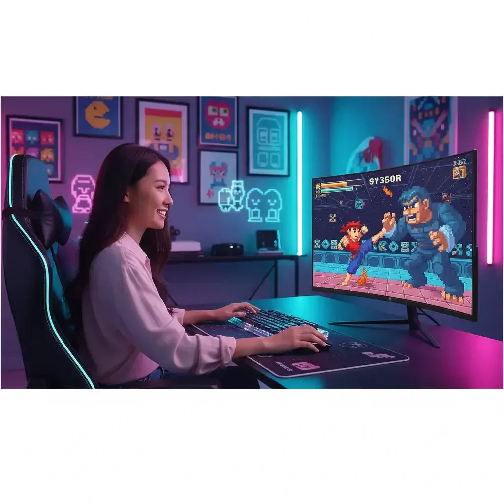 Woman playing retro-style fighting game on curved monitor in RGB gaming setup with pixel art wall decor