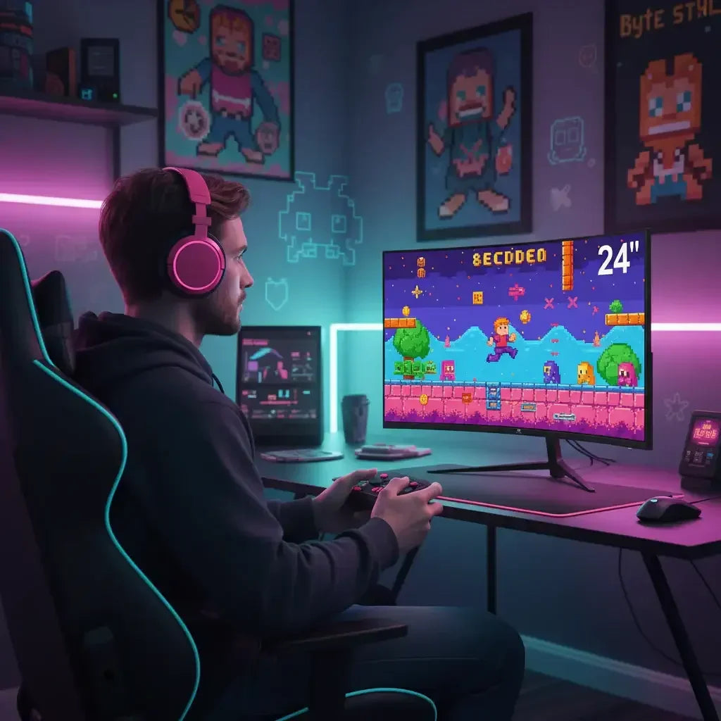 Gamer wearing pink headphones playing retro pixel art video game on 24-inch curved monitor in neon-lit gaming setup