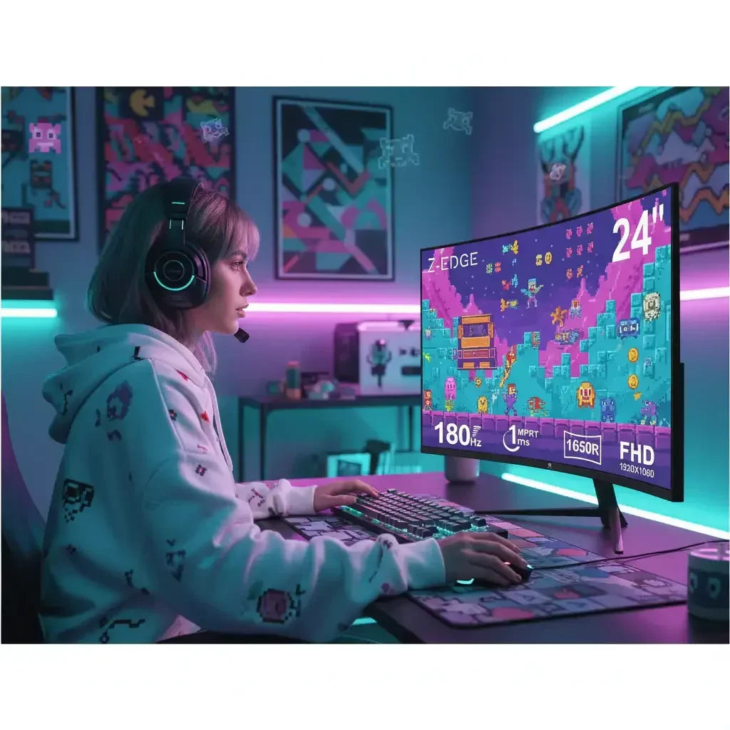 Gamer woman with headset playing retro pixel art game on 24-inch curved gaming monitor with RGB lighting