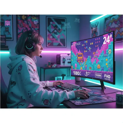 Gamer woman with headset playing retro pixel art game on 24-inch curved gaming monitor with RGB lighting