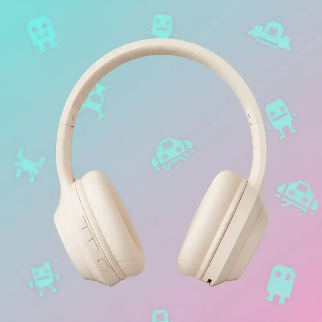 Beige wireless headphones on pastel gradient background with robot icons