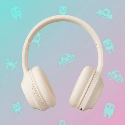 Beige wireless headphones on pastel gradient background with robot icons