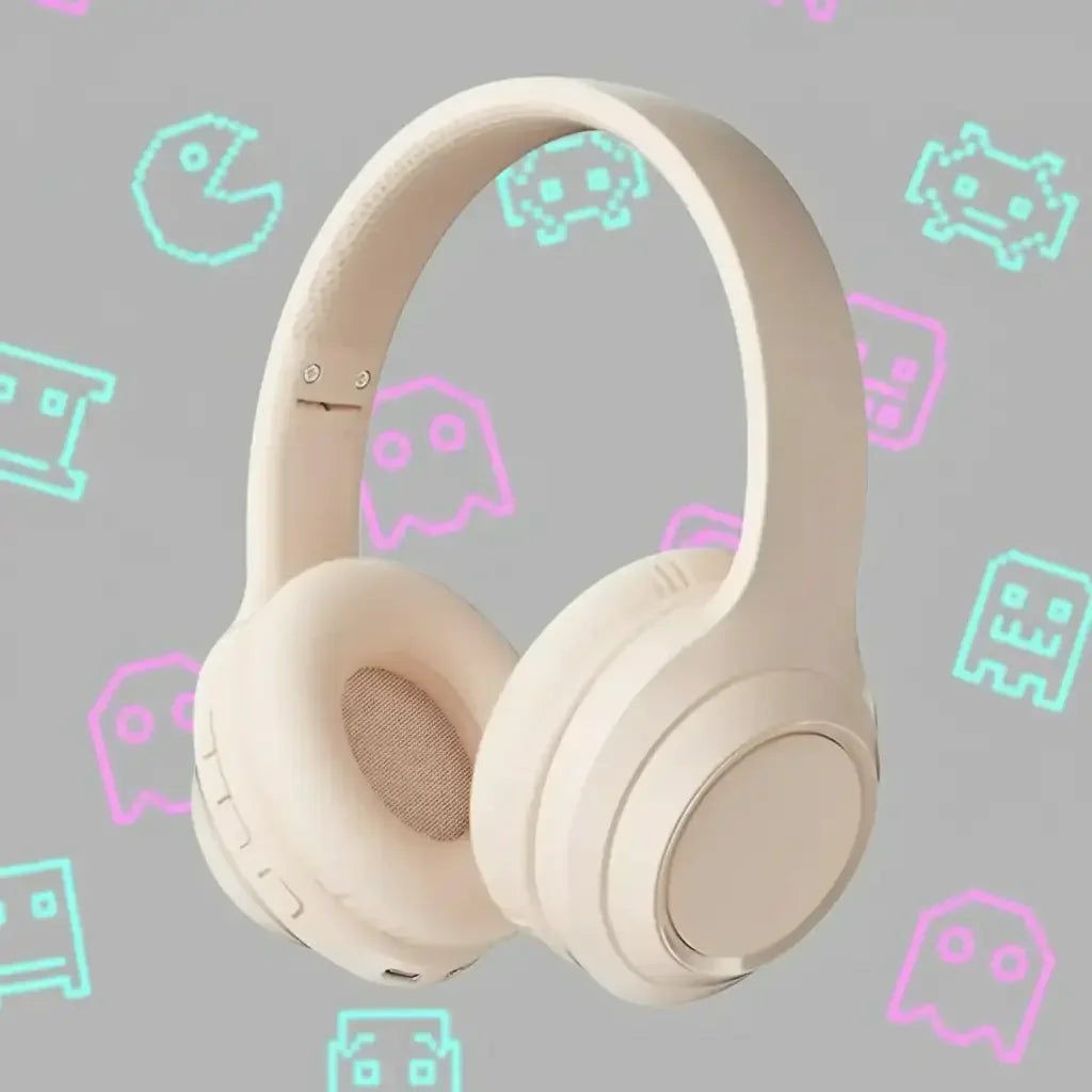 Beige wireless headphones with retro gaming icons on gray background